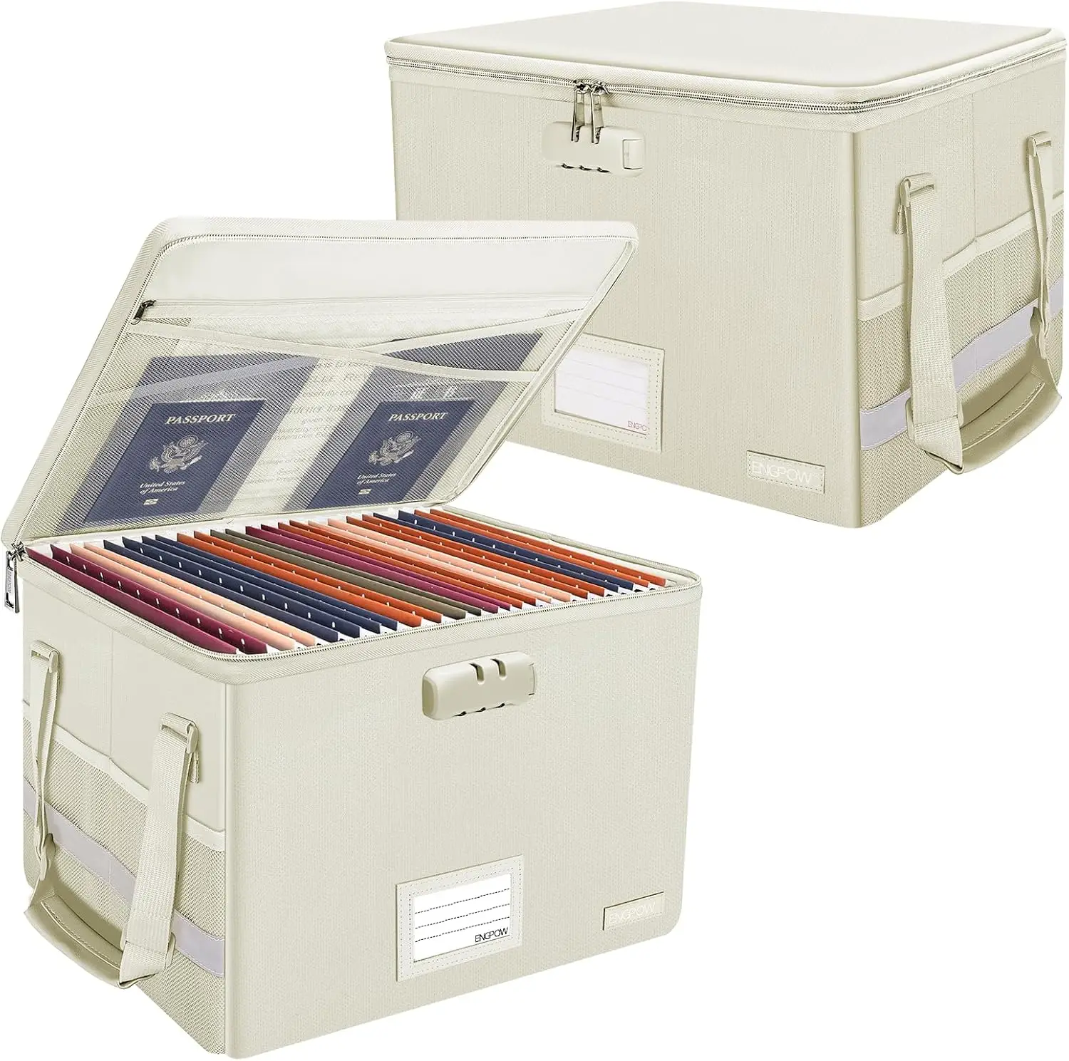 

Fireproof File Box with Lock, Collapsible Document Organizer for Home Office, Portable Safe for Letter/Legal Folders, Beige, 2