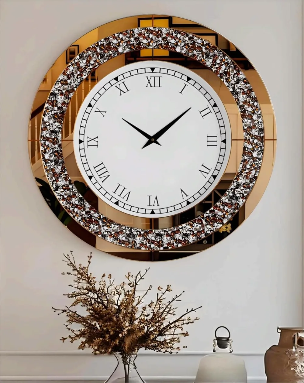 Crushed Diamond Wall Clock: 32 inch Round Decorative Mirrored Clock with Brown Glass Beveled Mirror Edge Frame