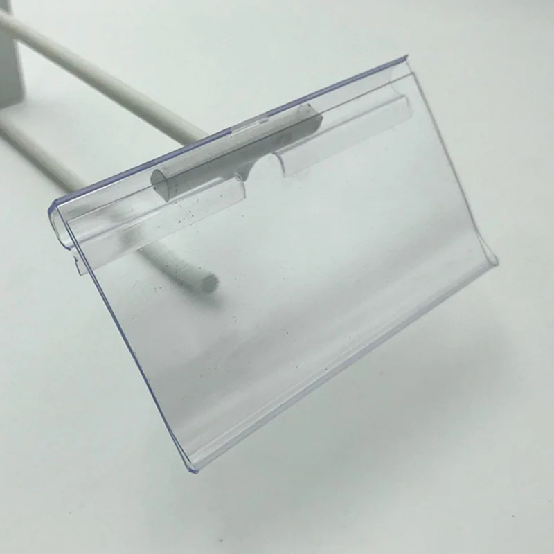 50Pcs Clear Plastic Display Holder Double Hook Wire Shelf Retail Price Tag Label Rack Merchandise Sign Card Stand