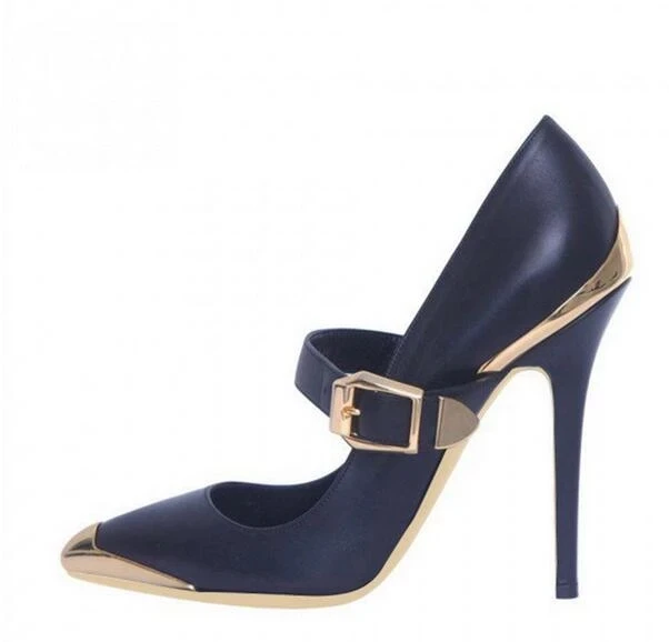 

Overgild Studs Toe Ankle Strap Navy Blue Pumps Metal Buckle 10cm High Heels Stiletto Wedding Party Women Shoes