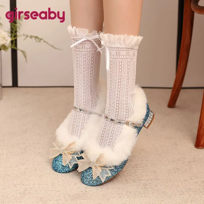 

Girseaby Ретро для девочек Sweet Flast с круглым носком и пряжкой на ремешке с узлом-бабочкой и блестящими кристаллами, вечерние туфли, большой размер 41, 42, 43, осень