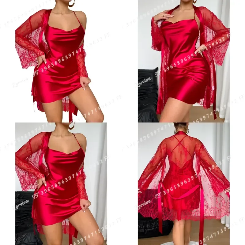 Women 2Pcs Red Satin Sleepwear Set Lace Robe Piled-Up Collar Backless Slip Dress Sexy Nightwear for Home or Dating