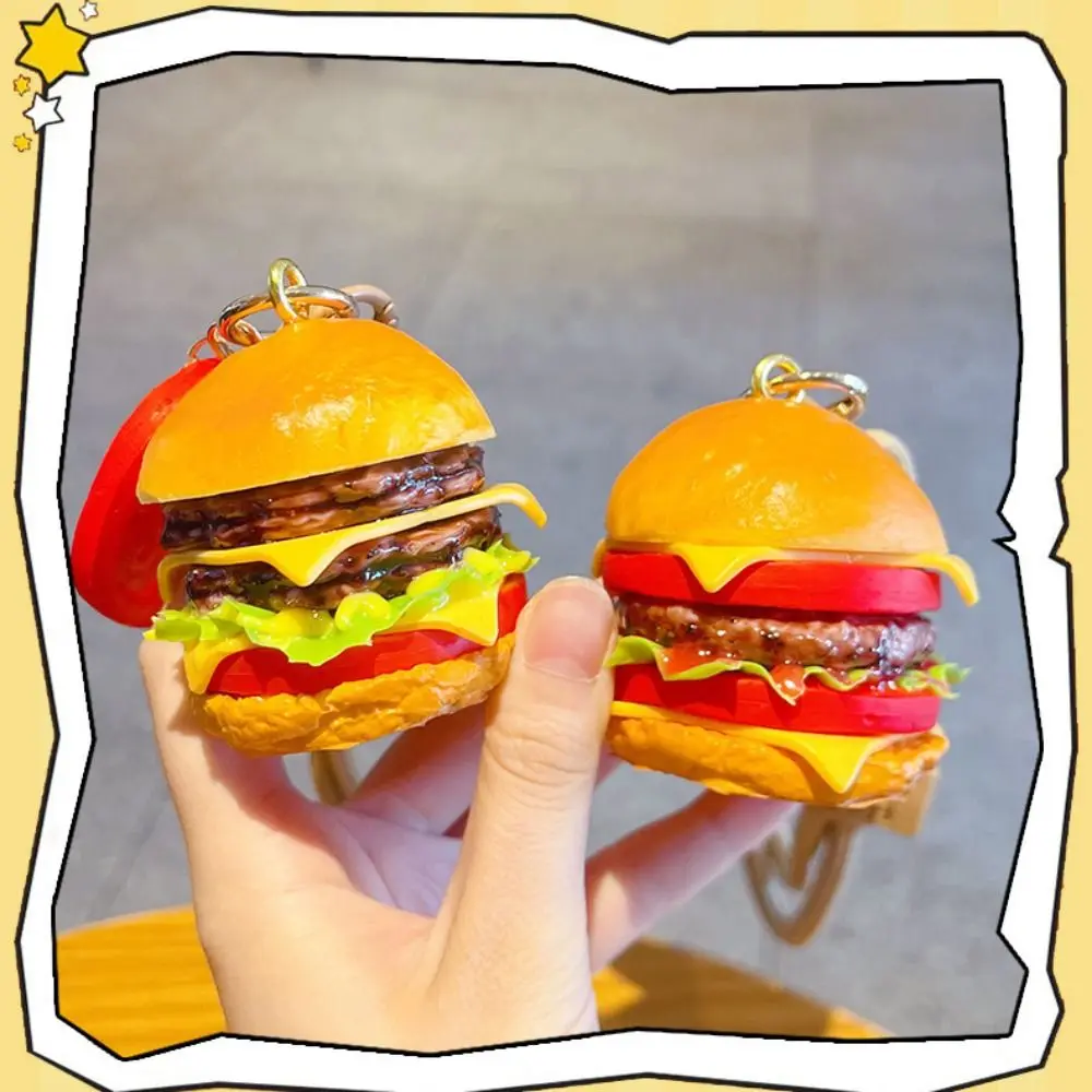 Realistic Hamburger Squishy Keychain 3D PVC Food Beef Hamburger Ornaments Cartoon Double-layer Beef Hamburger