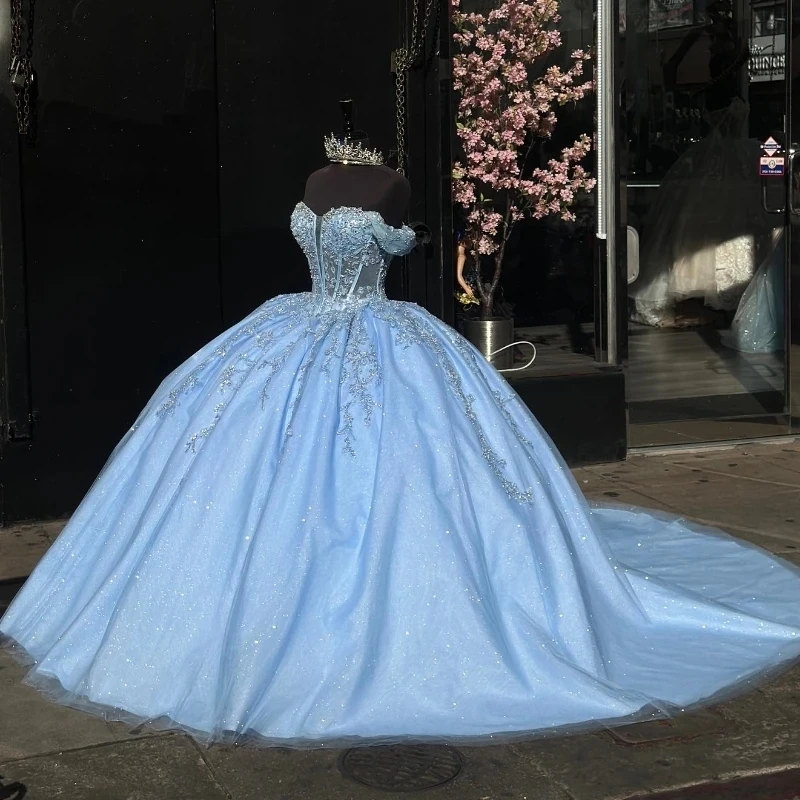 ANGELSBRIDEP 반짝이는 블루 Quinceanera 드레스 오프 숄더 반짝 이는 레이스 구슬 Vestidos De 15 Anos 생일 파티 공주