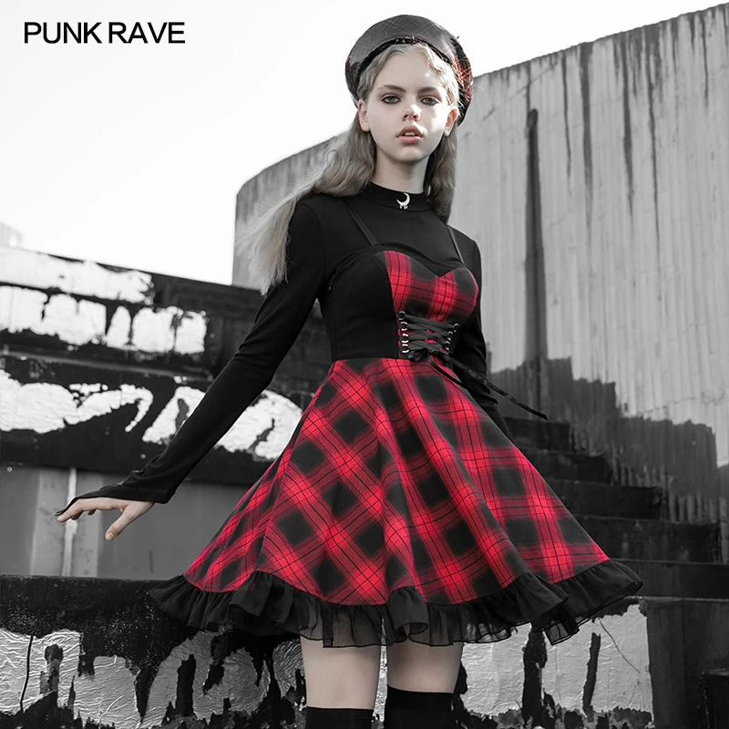 PUNK RAVE Women’s red Plaid Sling Dress Female High Waist Slim Adjustable shoulder straps Princess mix stitching short dress