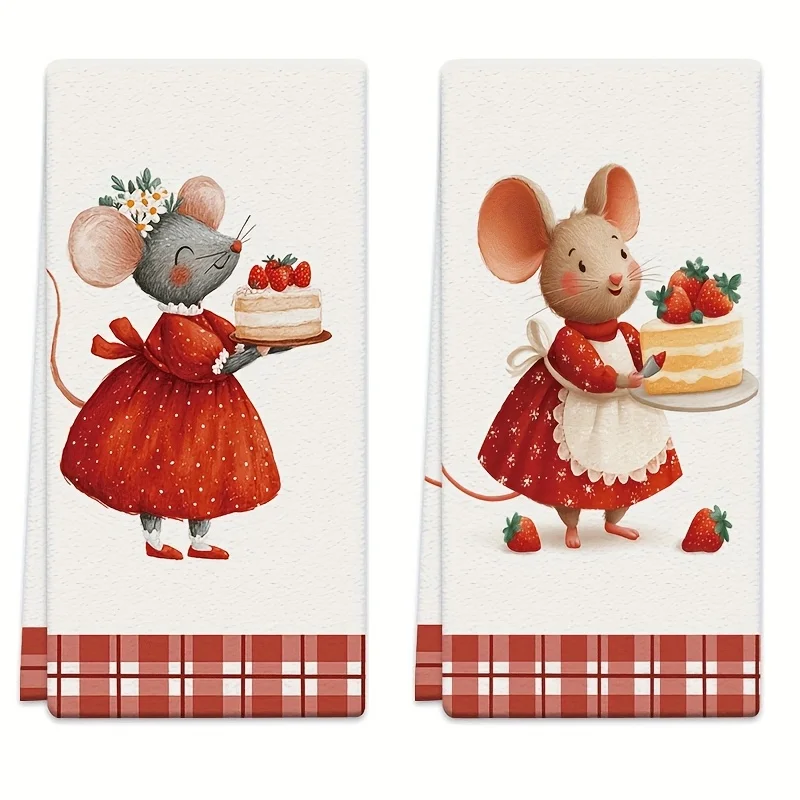 2 kitchen towels, dishtowels scouring cloth, mouse and strawberry pattern