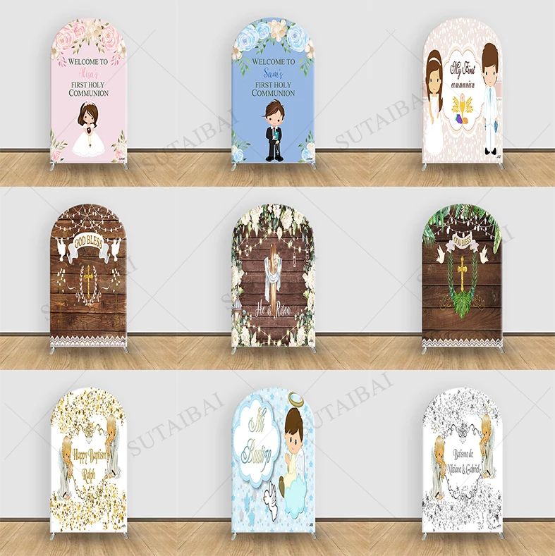 My Baptism Arch Backdrop Cover Grey Stripe Gold Cross Blessed Virgin Mary God Bless Boy Party Decor First Communion Background