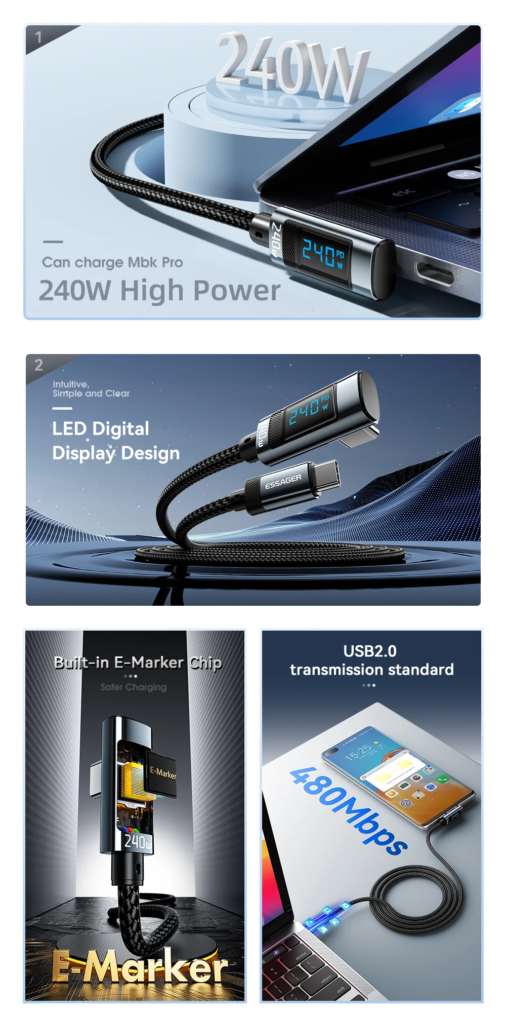 Essager 240W Typ-C-zu-Typ-C-Kabel 90-Grad-Winkel 5A Schnellladekabel Typ-C Digitalanzeigekabel für iPhone MacBook Pro Xiaomi – Detail 2