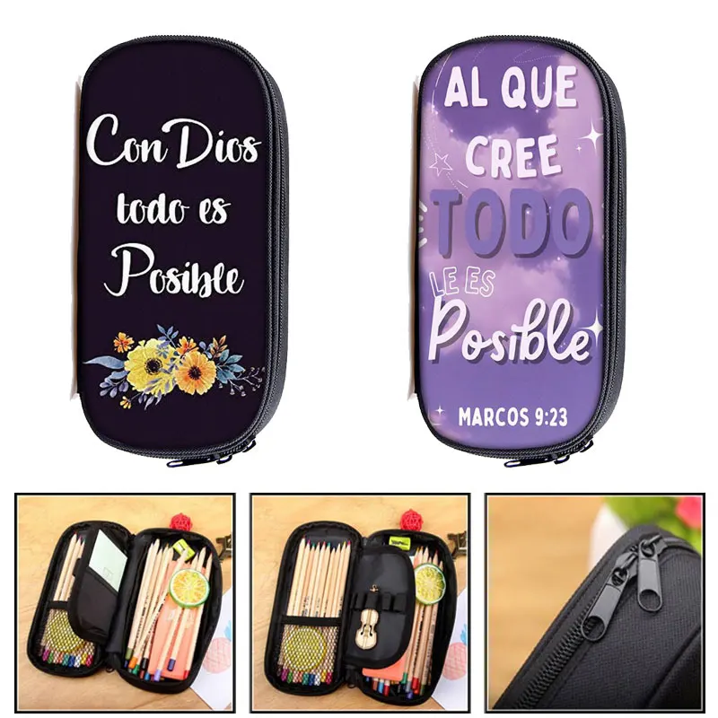 Christian Gift Bible Verse in Spanish Makeup Bag Con Dios Todo Es Posible Pencil Bag Jesus dios fuerte Pencil Box Cosmetic Cases