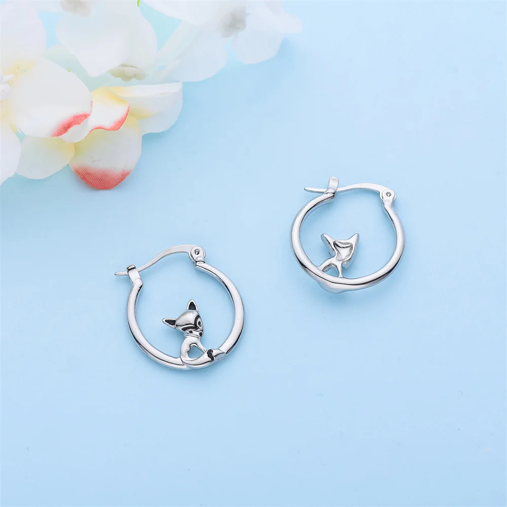 Hanreshe Design New Fox Hoop Earring Trendy Lovely Silver Plated Metal Earrings for Animal Lover Jewelry Birthday Gift