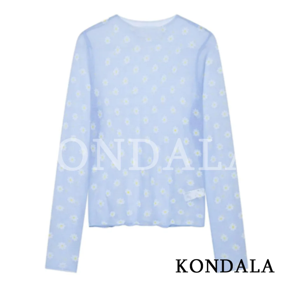 KONDALA Damen Sommer Bedrucktes Transparentes Hemd Strand Urlaub Party Langarm-Oberteil 2026 Trendige High-Street Freizeit O-Ausschnitt Tops