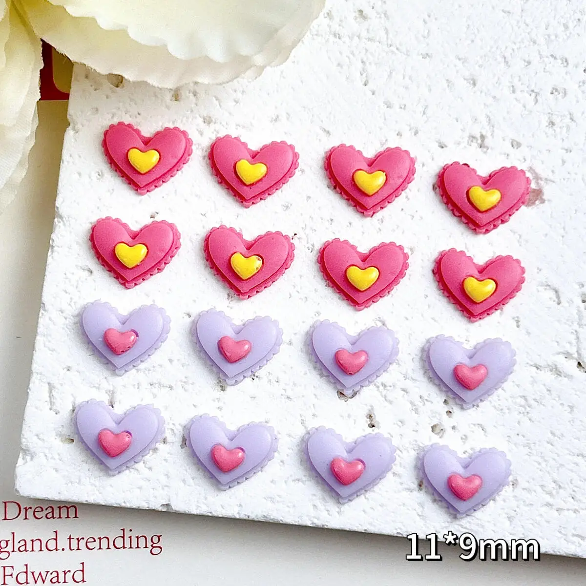 50PCS 3D New Double Layered Heart Resin Nail Charms Luminous Colorful Lace Peach Heart Nail Art Decorations DIY Nails Supplies