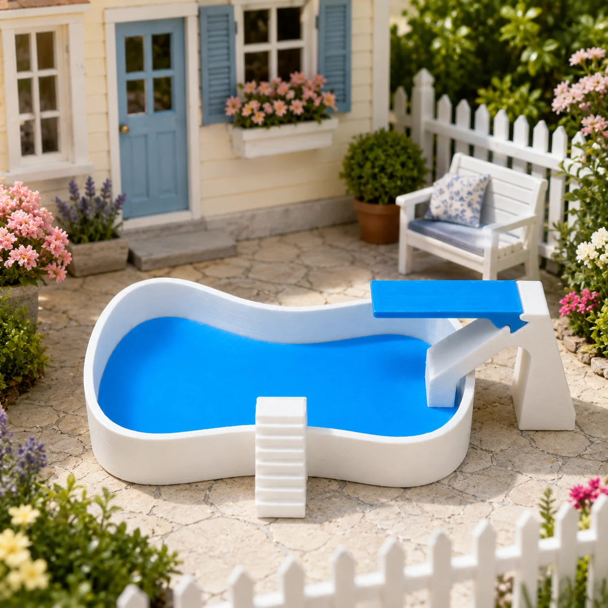 Miniature swimming pool with diving platform, miniature courtyard outdoor swimming pool model, scene shooting props