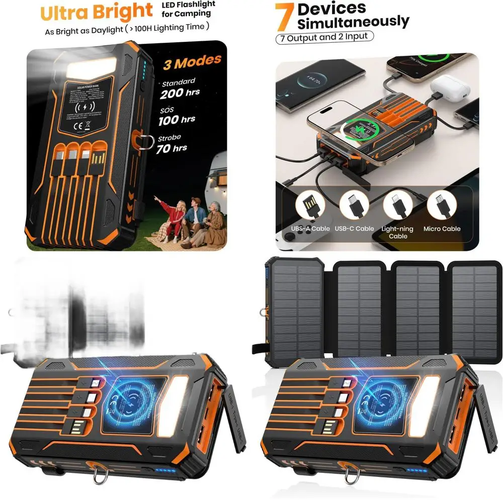 

48000mAh Wireless Solar Charger Power Bank with 4 Cables, 4 Solar Panels, PD QC 3.0 Fast Charging, USB-C, and Flashlight for Out