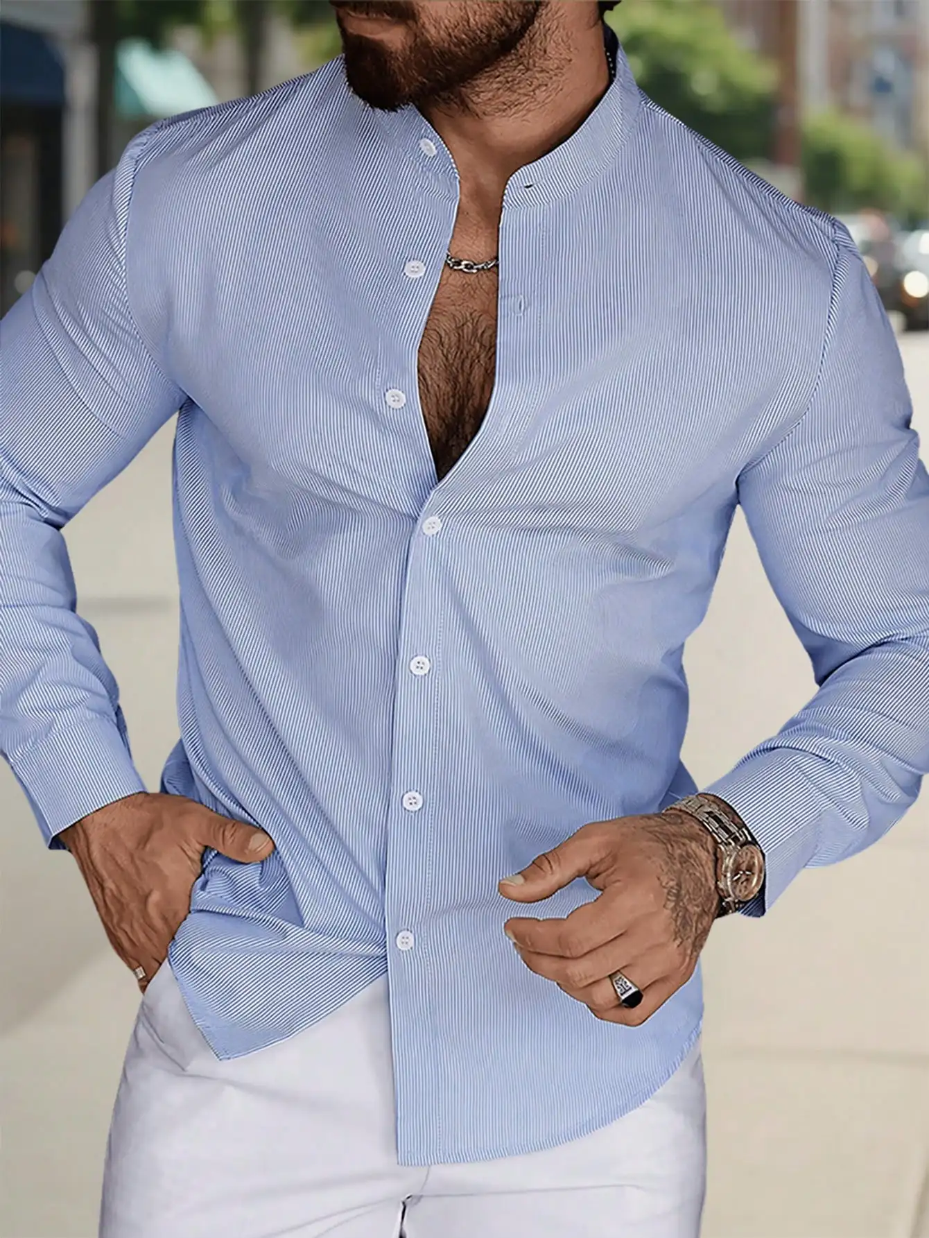 

Men's Light Blue Striped Button-Front Casual Long Sleeve Shirt