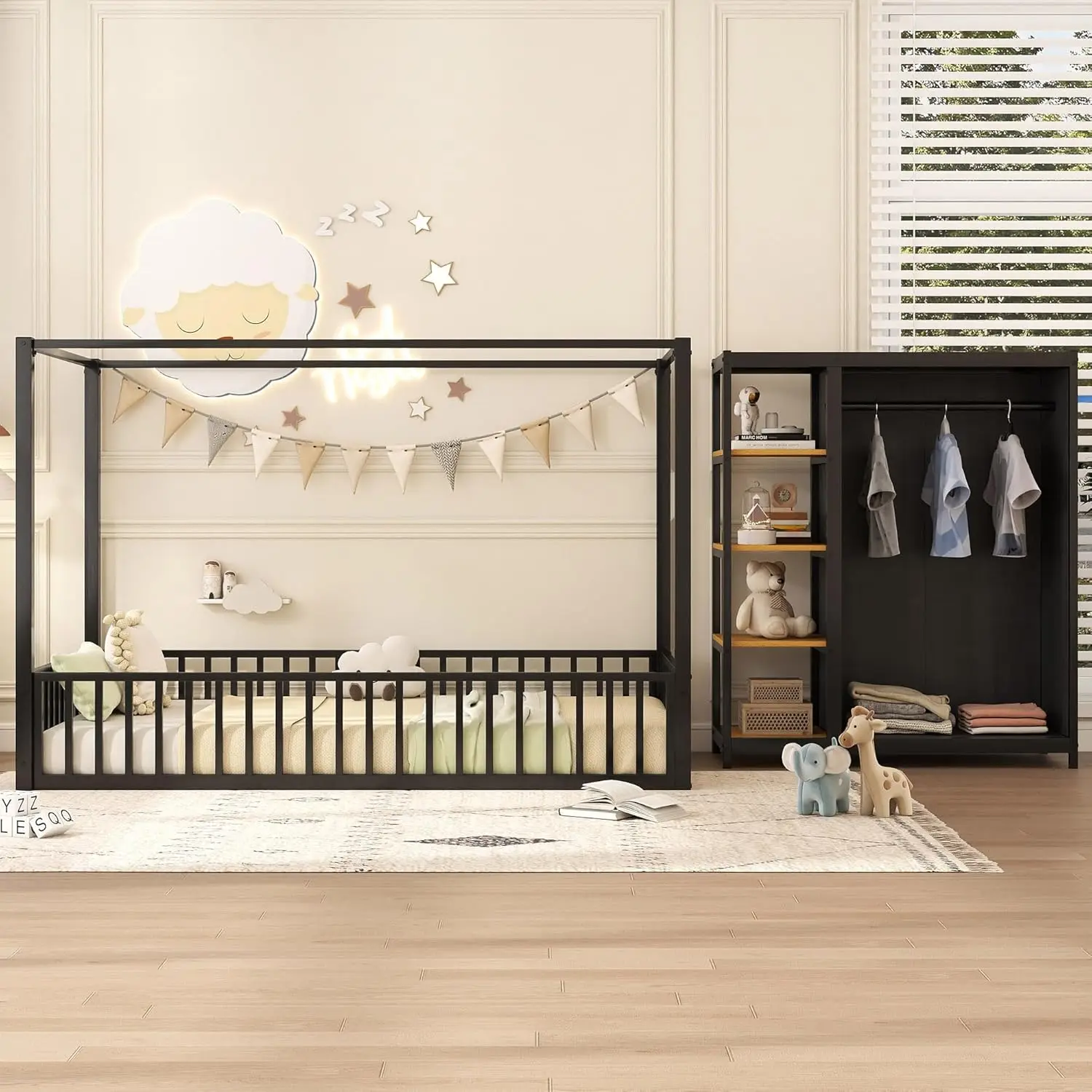 Tempat Tidur Lantai Montessori Ukuran dengan Lemari Pakaian dan Rak Penyimpanan, Rangka Tempat Tidur Lantai Kanopi untuk Anak-anak, Tempat Tidur Lantai Logam Ukuran Twin dengan Pagar