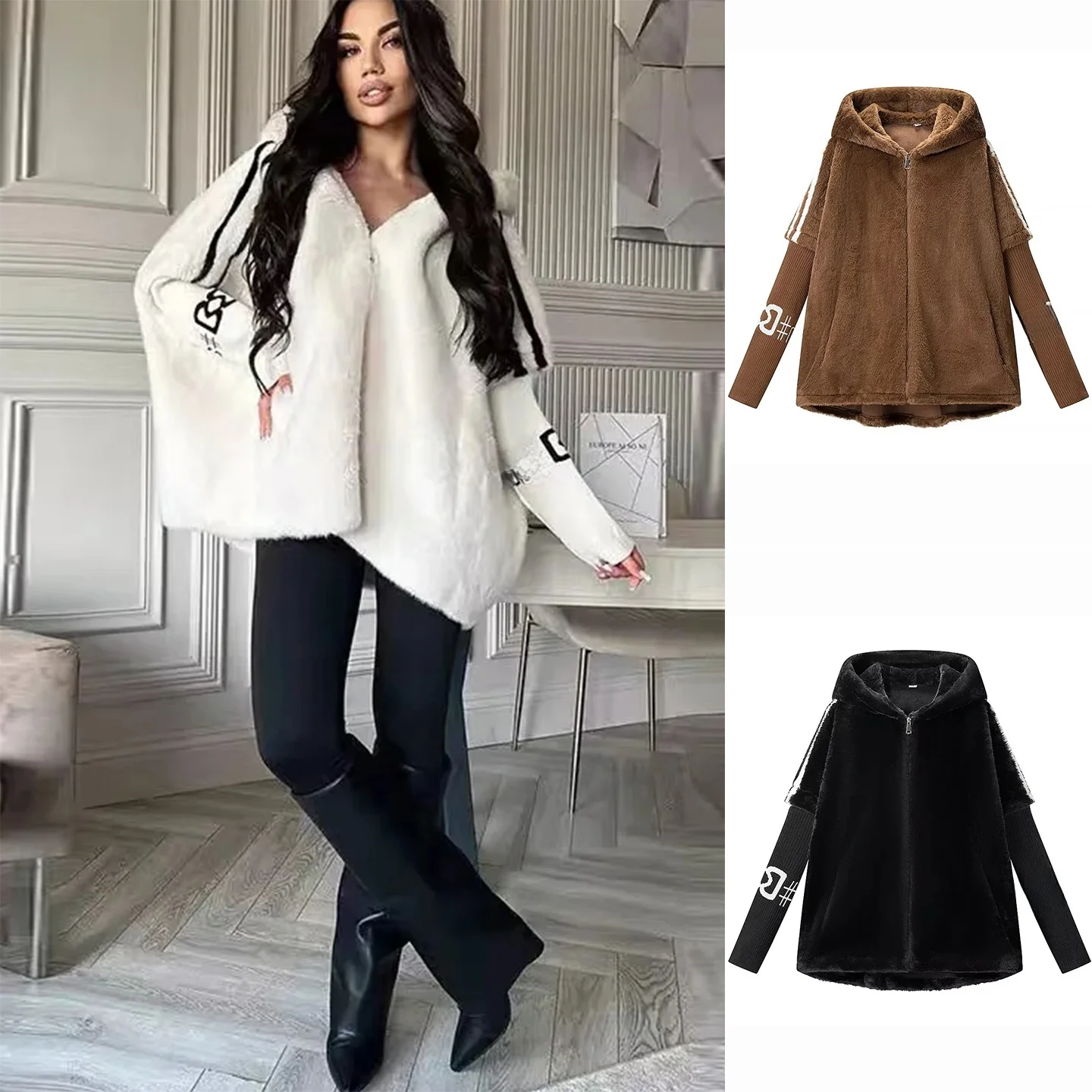 เสื้อแจ็คเก็ตหนังเทียมบุขนสำหรับผู้หญิง รุ่นใหม่สำหรับฤดูหนาว ทรงหลวม มีซิป ฮู้ดแบบไม่ถอดได้ แขนยาว ความยาวปานกลาง