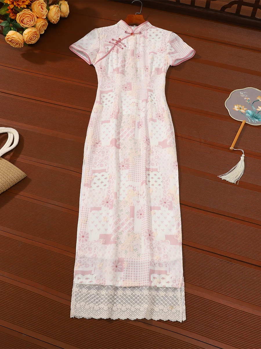 

Young Women's New Chinese Sle Pink Improved Design Daily Wear Breathable Long Dr ort Sve Floral Pattern
