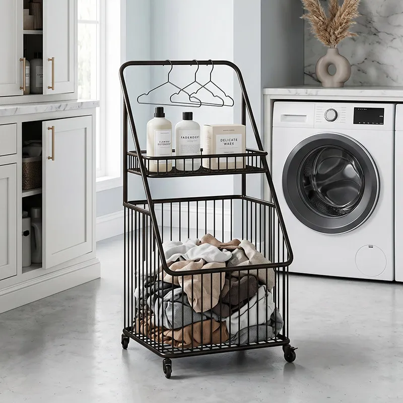 Trolley Metal Laundry Basket Wheel Large Black White Laundry Hamper Tall 2 Sections Canasto Ropa Sucia Home Organization Storage