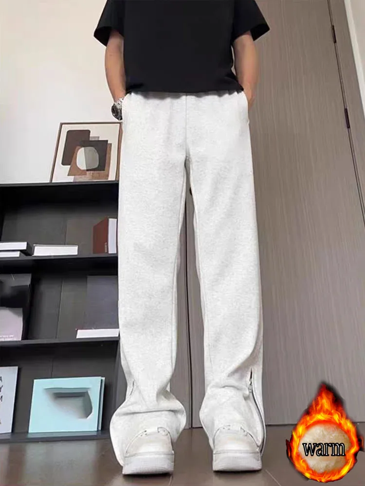 Spodnie unisex w stylu koreańskim na jesień i zimę z bocznym zamkiem błyskawicznym, szerokie nogawki, długie spodnie, ocieplane polarem i pogrubione, nowe, codzienne, wygodne, uniwersalne spodnie dresowe.