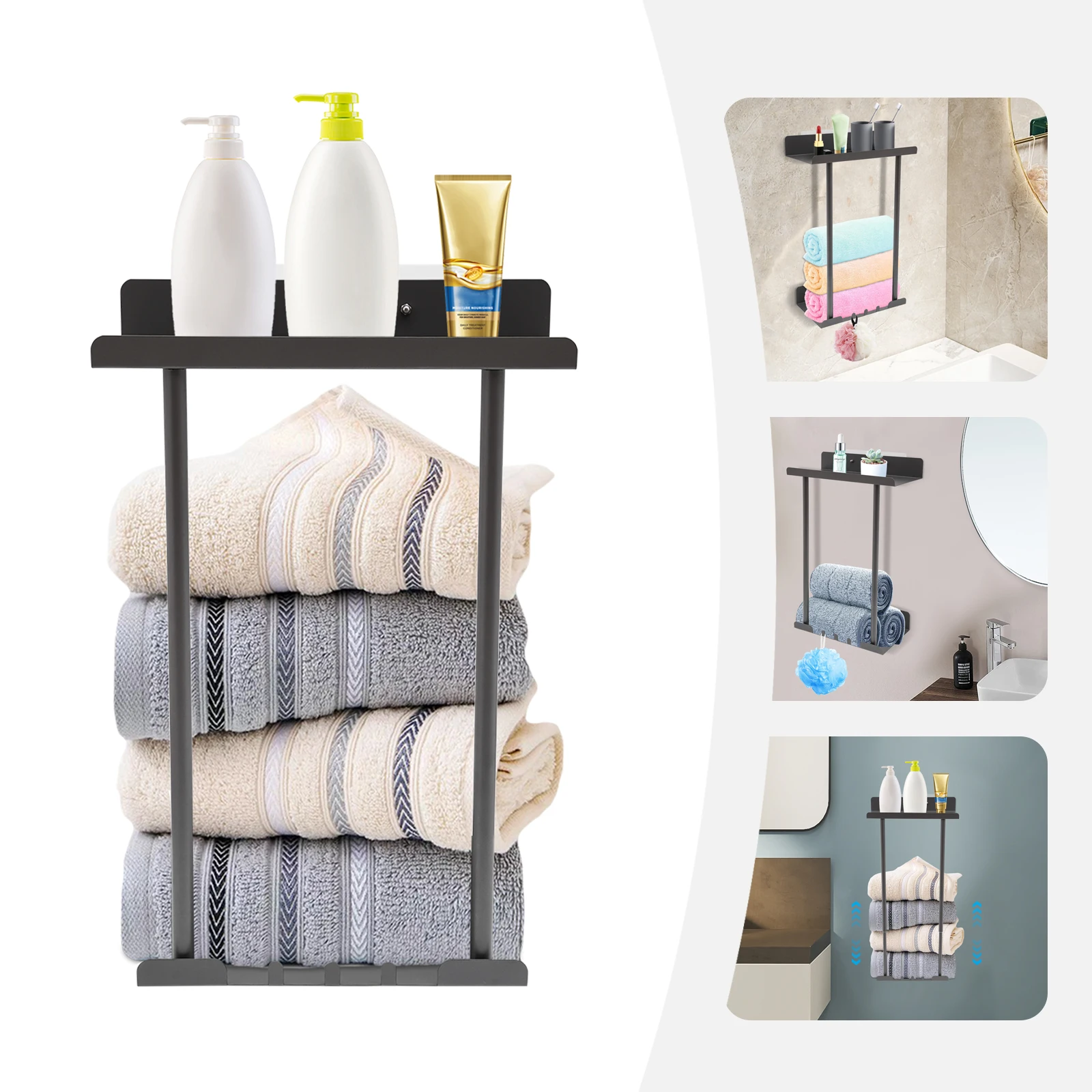 42-80cm Towel Rail Holder Towel Rack Wall Mounted Carbon Steel Adjustable Height Indoor Bathroom