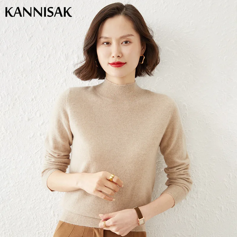 Sweater Women 2024 Autumn Winter Brown Mock Neck Stretch Bottoming Shirt Solid Slim Female Knitted Pullovers Cashmere Sweater