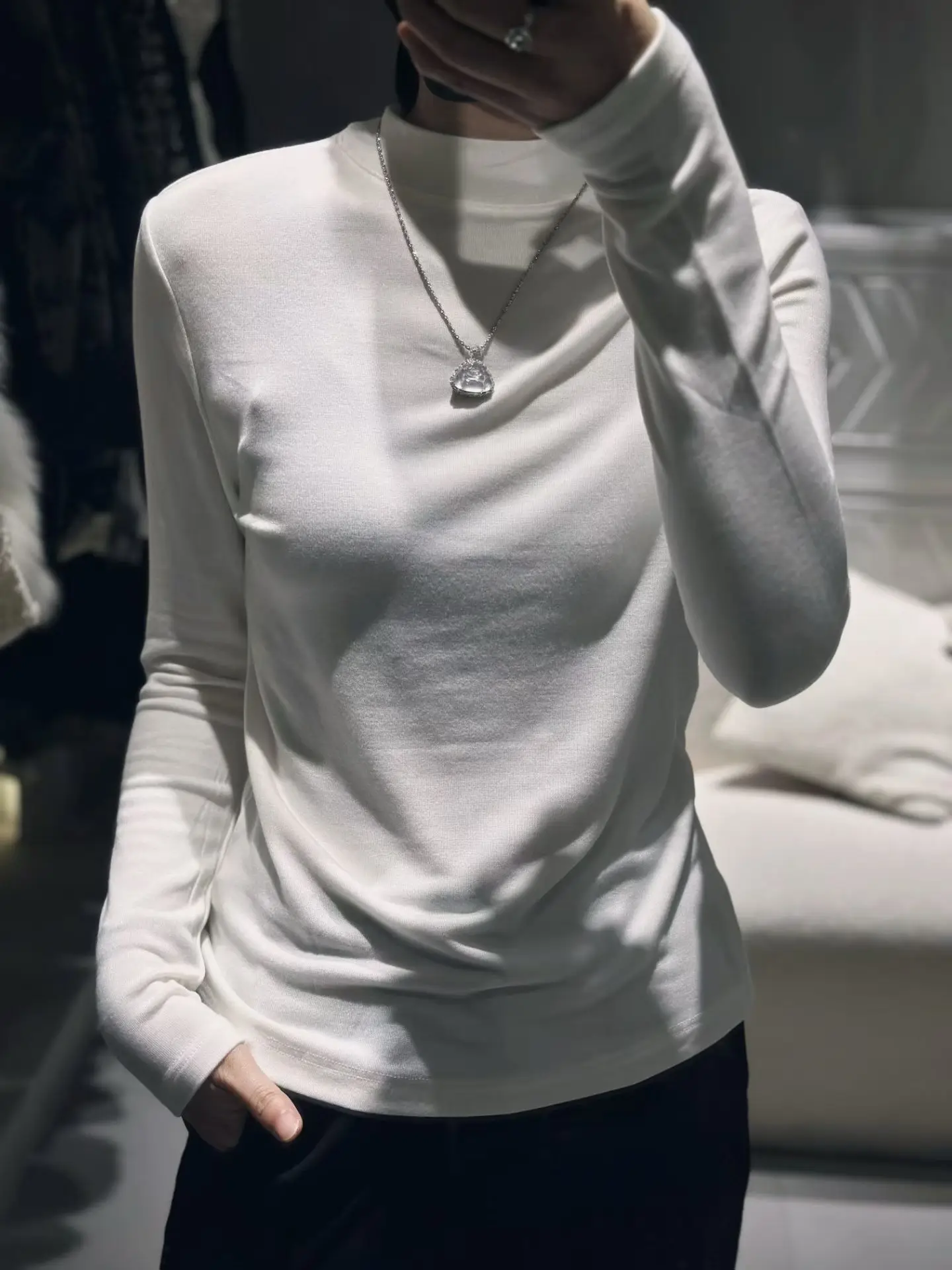 

Comfortable Basic Color f High Collar Base irt Autumn Winter Women's Inner Wear Casual Sle Long Sve Cotton T-...