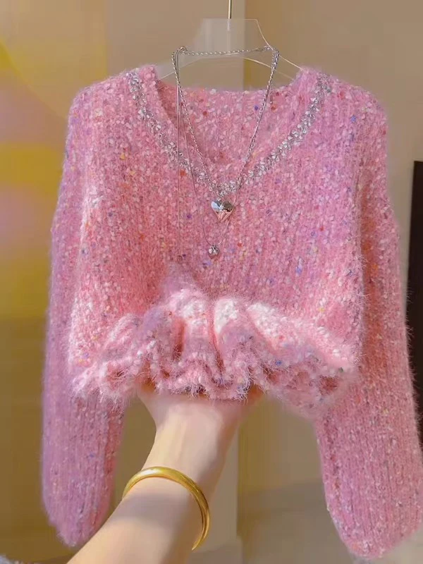 

Pink V-Ne Heavy Embellied Knitted Sweater Women's Autumn Winter New Sle Artificial Mink Thi Soft Cozy Sweater