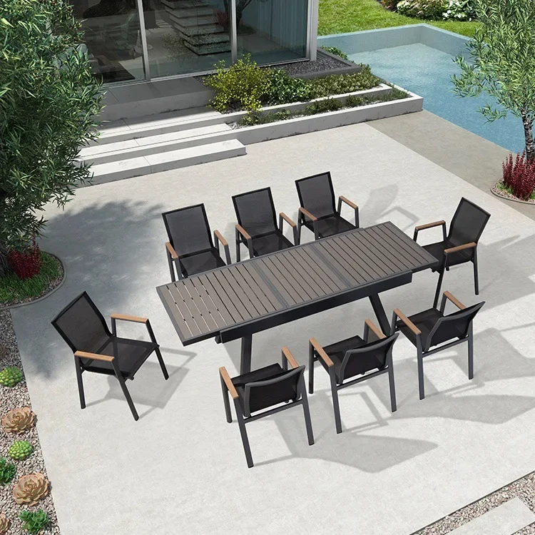 Outdoor courtyard tables and chairs Garden balcony Aluminum alloy preservative wood dining table, casual, combination telescopic