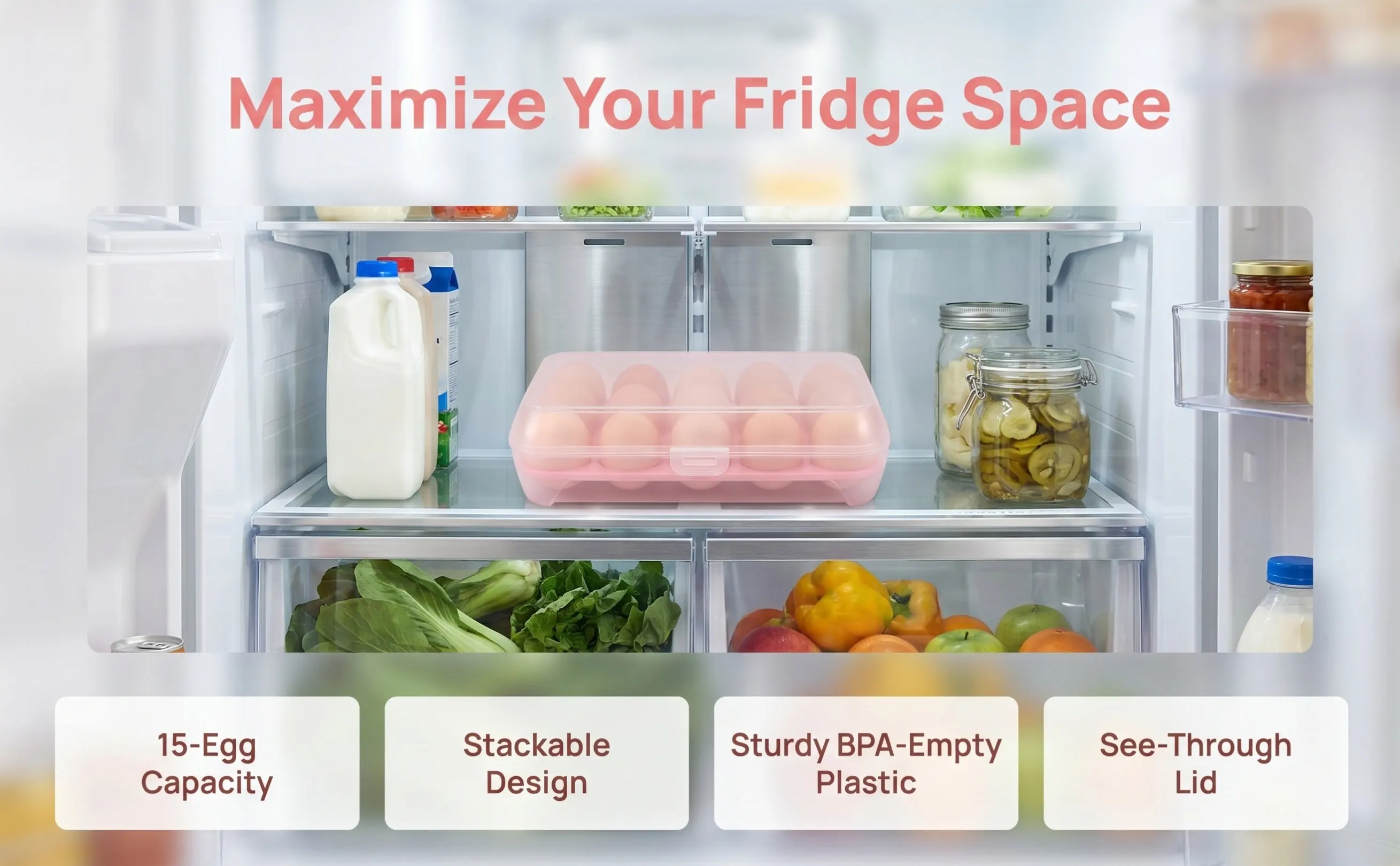 15 Grid Transparent Lightweight Plastic Egg Container for Refrigerator Freshness Preservation Space Saving Egg Holder Kitchen