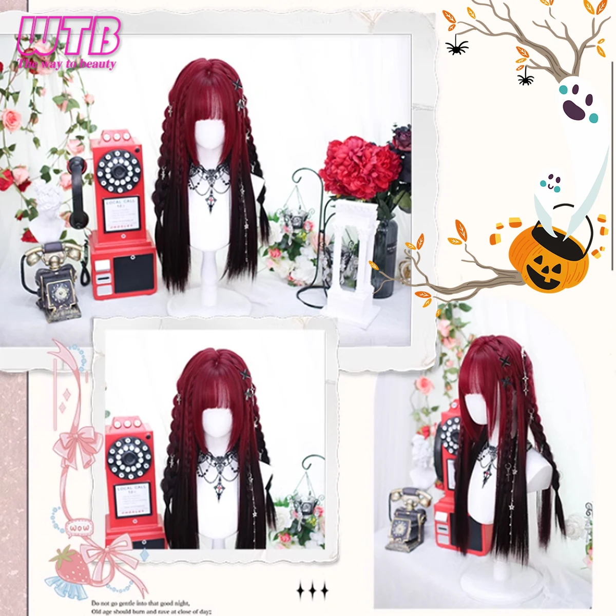 WTB Synthetic Hair Wine Red Black Long Straight Synthetic Lolita Wig High Temperature Fiber Wig with Bangs Cosplay Halloween Wig