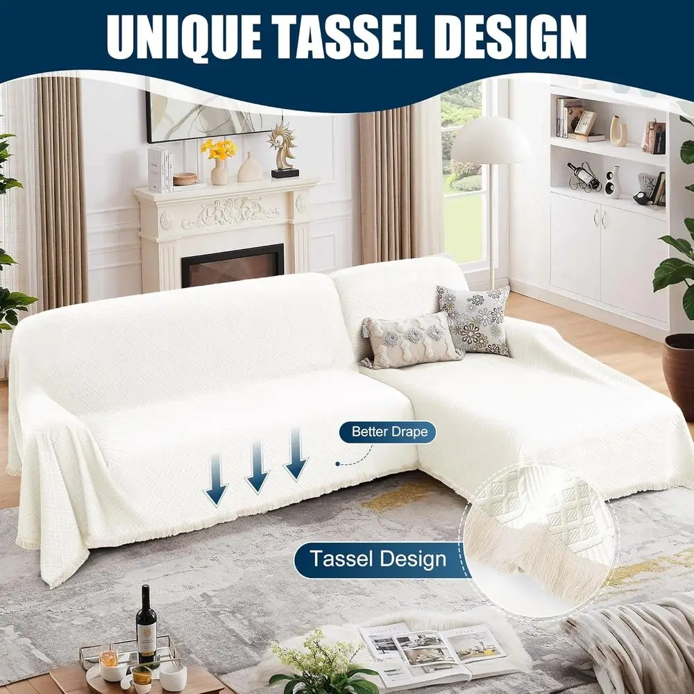 Sarung Sofa Seksional Bentuk L 2 Bagian Anti Air, Berbahan Jacquard Quilted, Dapat Dicuci untuk Anjing dan Kucing, Ekstra Besar, Putih Krem