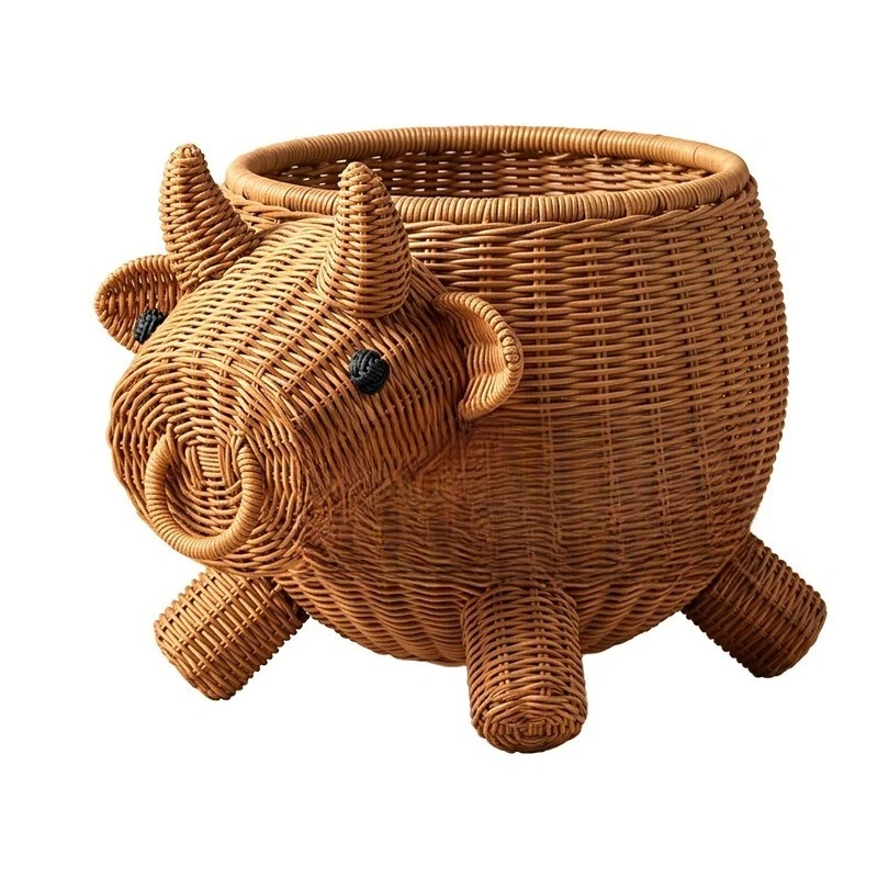 Eco-friendly Rattan Organizer, Custom Hand Weaving, Creative Cow Design for Home Decoration & Toy Storage