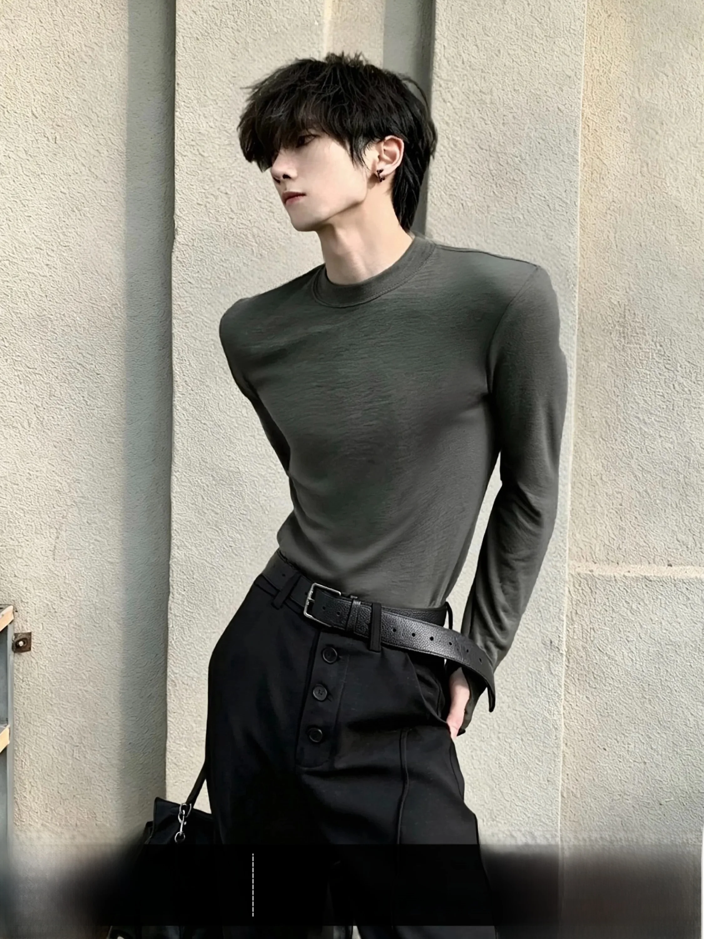 Premium Feel Pad Shoulder Long Sleeve round Neck T-Shirt Men's Skin Friendly Breathable Anti-Wrinkle Bamboo Rayon Blend Base ...