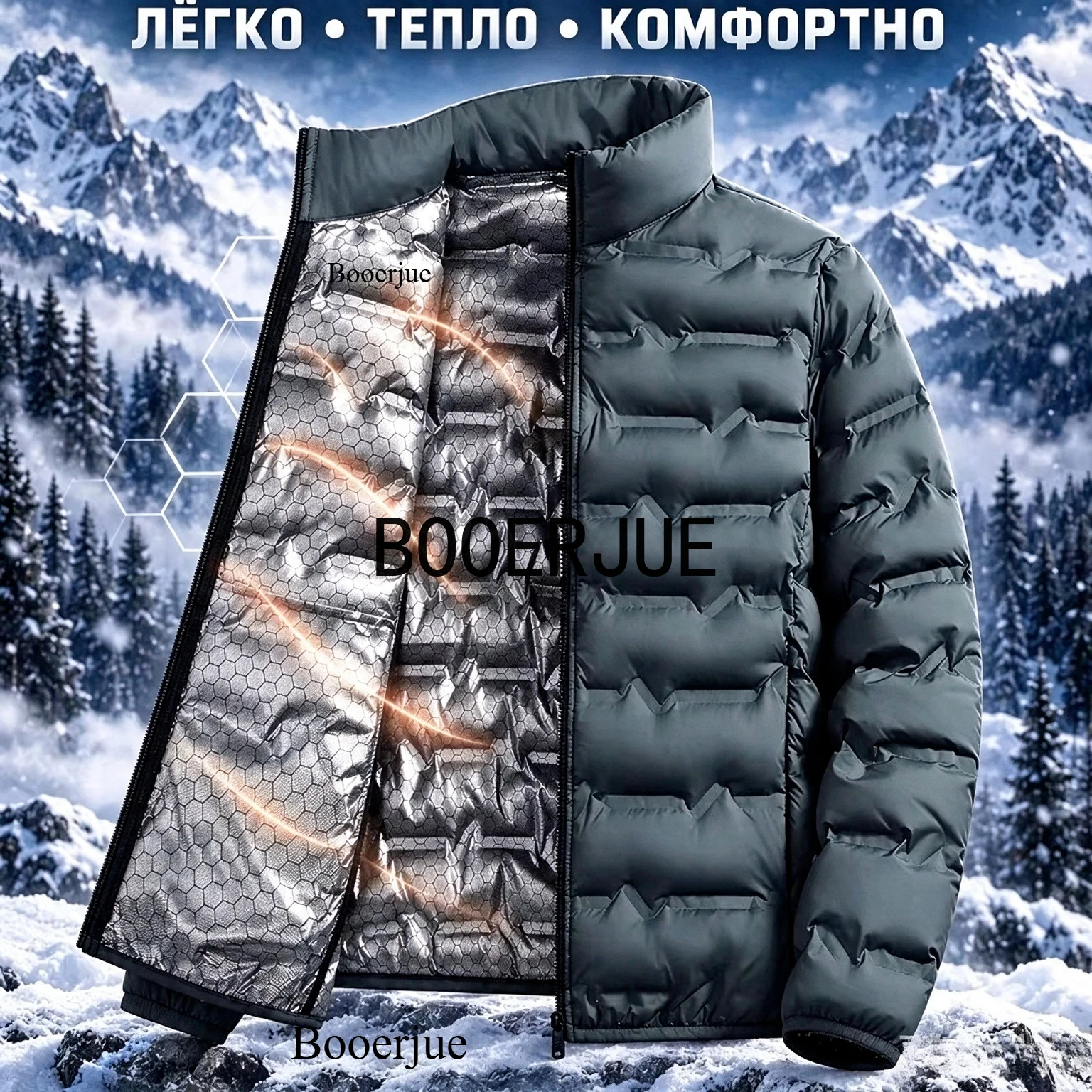 Stand Collar Classic Warm Winter Outerwear Graphene Self-heating Men's Down Jacket Outdoor Hiking Solid Windproof Pleated Coat