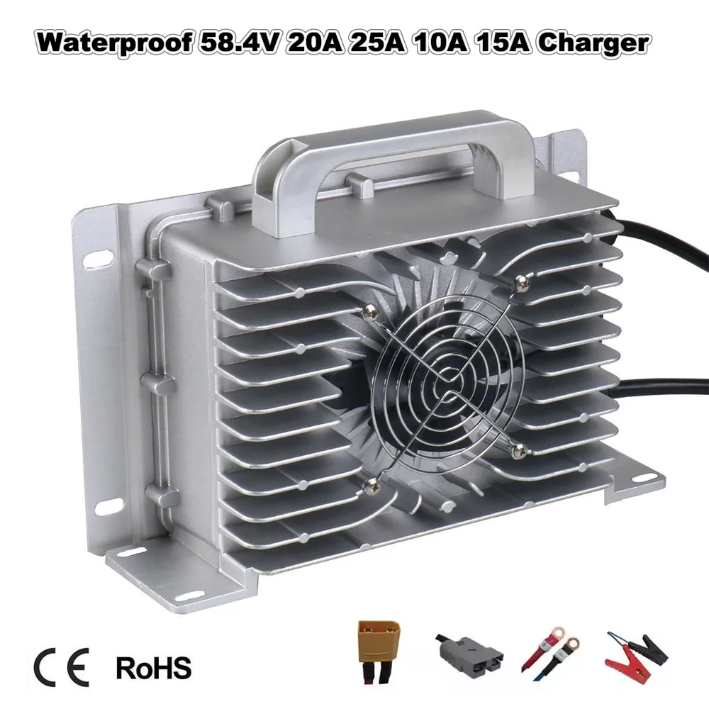 

Waterproof 48V 20A LiFePO4 Fast Charger 16S 58.4V 10A 15A 25A Iron Phosphate LFP Golf Cart RV Forklift Yacht Smart Charger