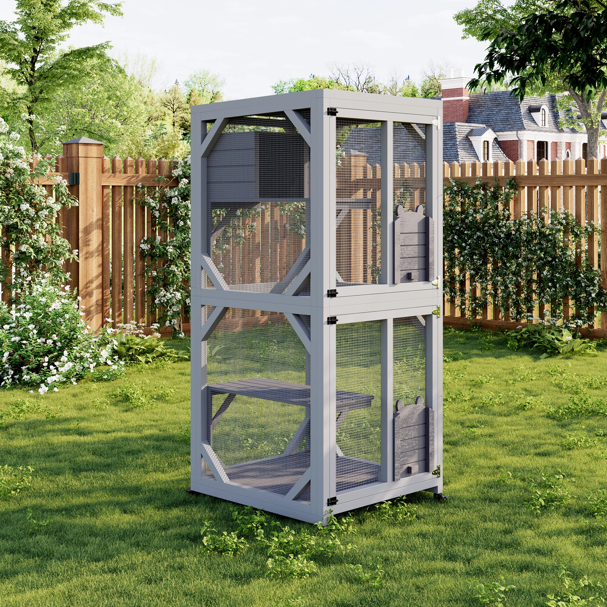 Outdoor Cat Enclosure On Wheels, 68 in Window Catio Kitty House with Weatherproof Roof, 4 Platforms, Resting Box and Scratch Post, Portable Cat Playpen Feral Cats Shelter