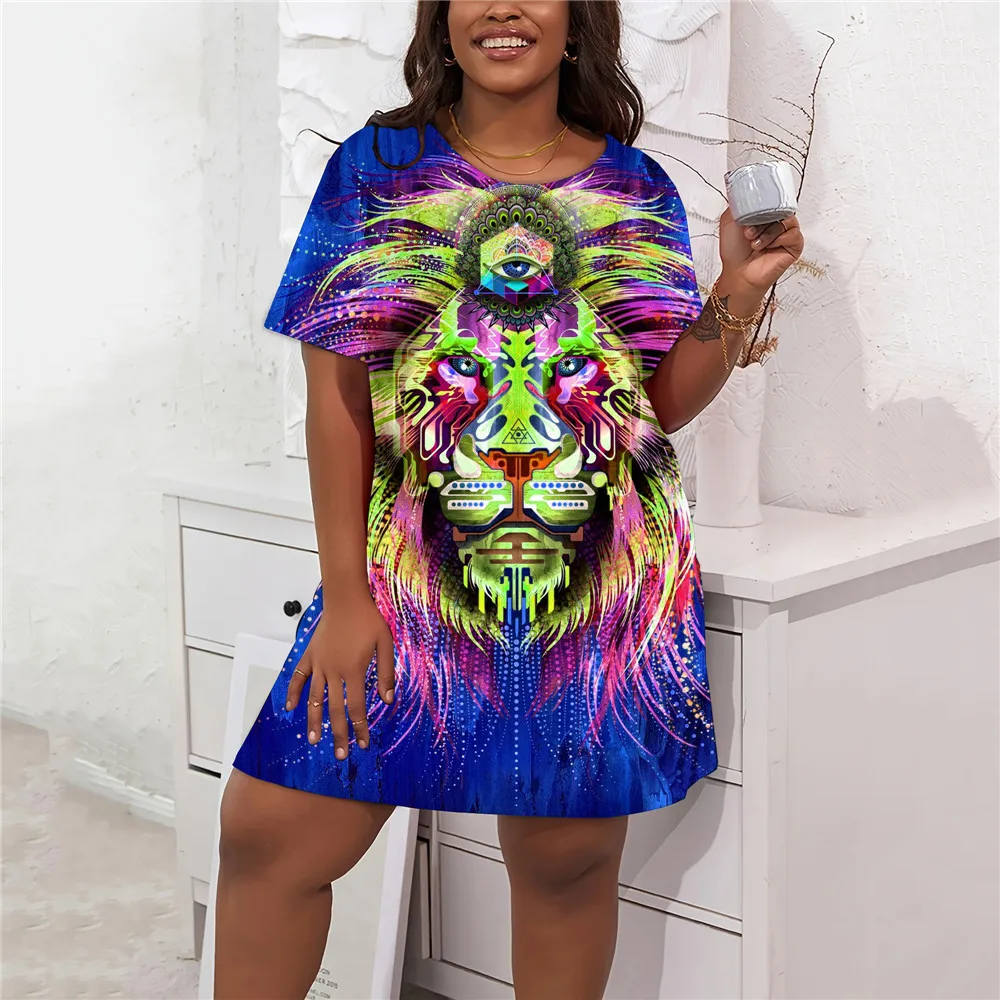 Hip Hop Lion 3D Printed Dresses For Women Clothes Fashion Abstract Painted Streetwear Short Sleeve Casual Plus Size Loose Dress