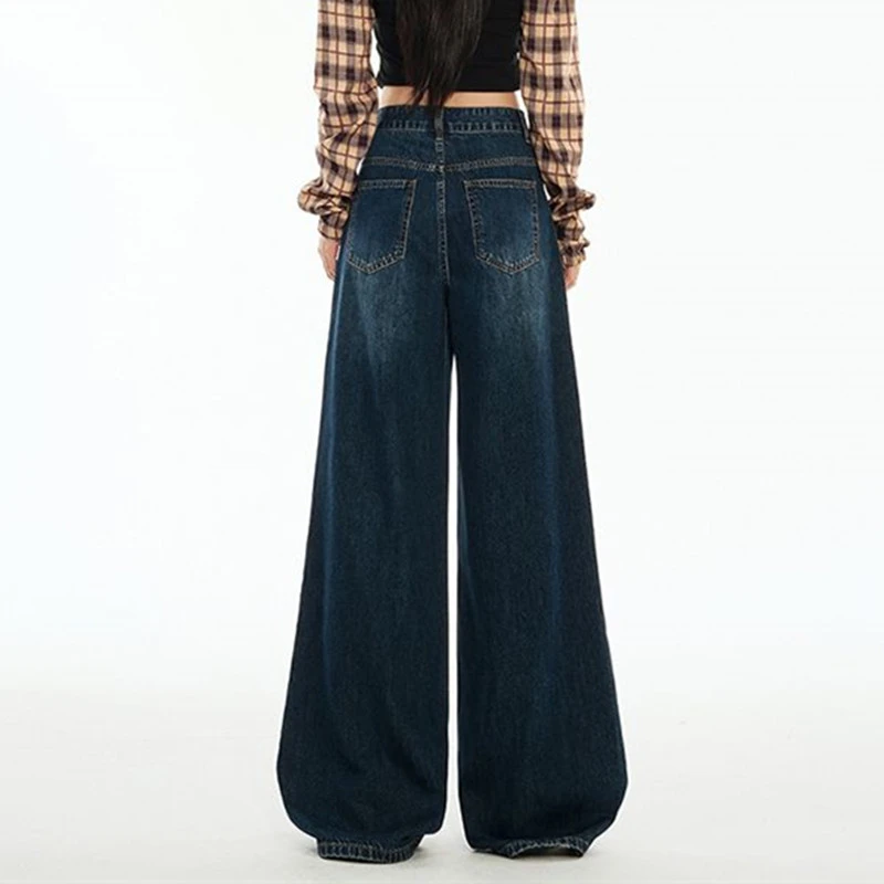 FINEWORDS กางเกงยีนส์สีน้ำเงินเข้มสไตล์เกาหลีลำลองสไตล์วินเทจผู้หญิงหลวมกางเกงยีนส์ขากว้างยาวเต็มตัว Easymatch กางเกงยีนส์ทรงหลวม
