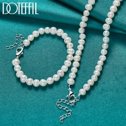 DOTEFFIL 2pcs 8mm Natural Pearl Beaded Chain 925 Silver Buckle Necklace Bracelet Set For Women Wedding Engagement Party Jewelry