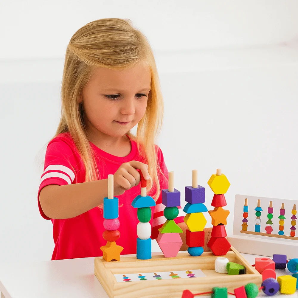 Blocs de défis interactifs de Cognition en forme de couleur géométrique, jeu de Puzzle, bricolage de perles de laçage, séquence de perles en bois