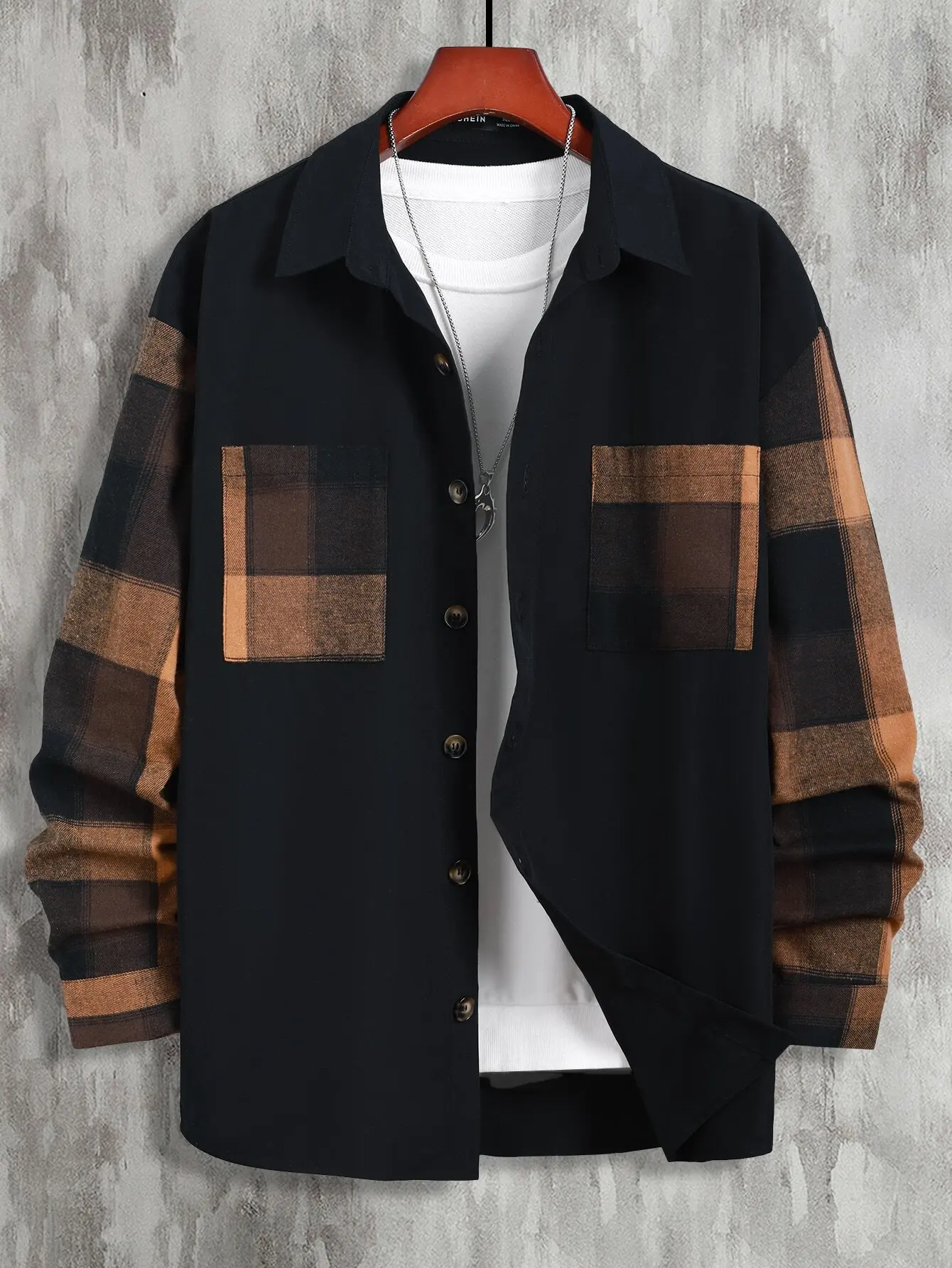 

Men's Loose Fit Black Shirt with Brown Plaid Sleeves and Patch Pockets, Casual Long Sleeve Button-Up for Fall