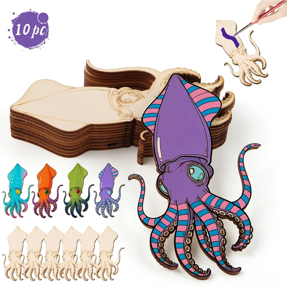 10pcs/set Unfinished Wood Craft Octopus Animal Ornaments Wooden Craft Set for Hanging Ornaments DIY Art Craft Painting Home Deco