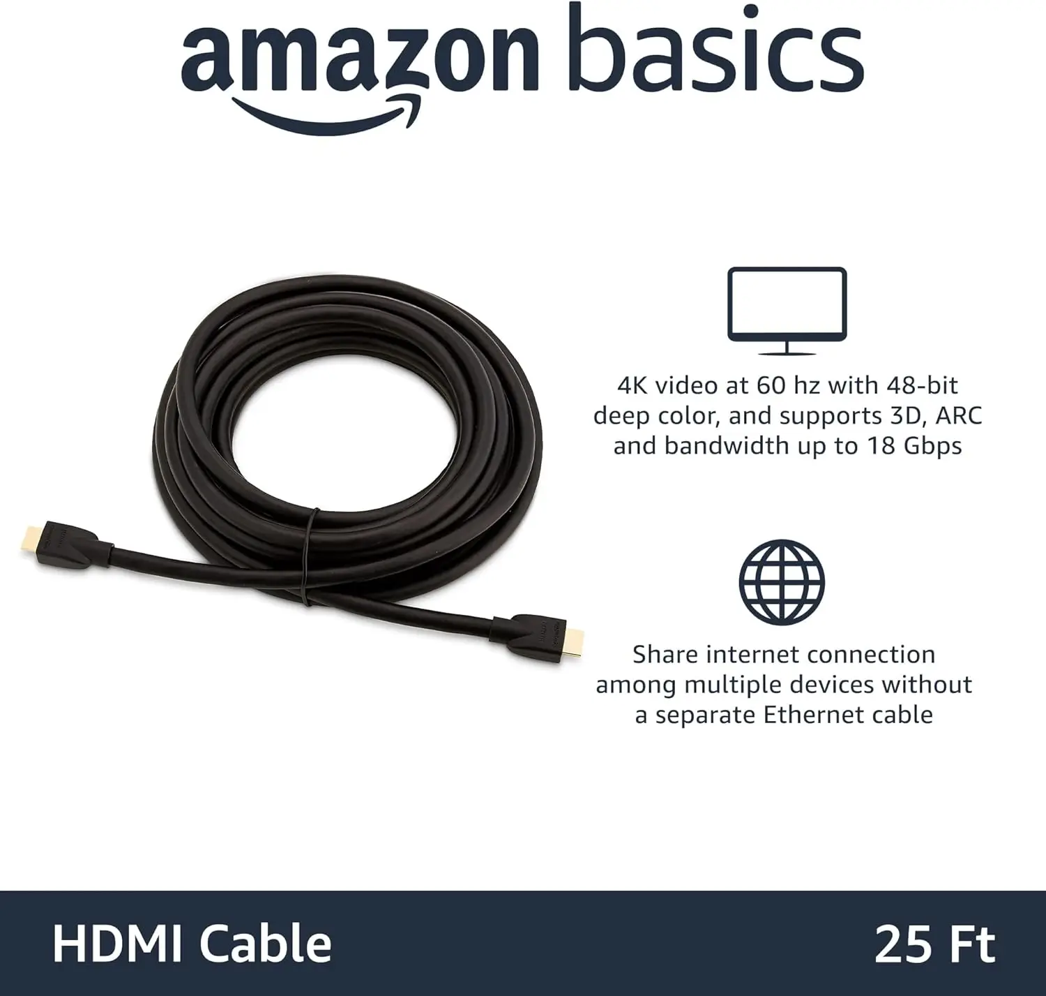 Basics High-Speed 4K Ultra HD HDMI 2.0 Kabel/Kabel, 25 Fuß, 1er-Pack, Gehäuse mit 12, 18 Gbit/s, 60 Hz, 2160p, 48 Bit, Stecker-zu-Stecker, Eth