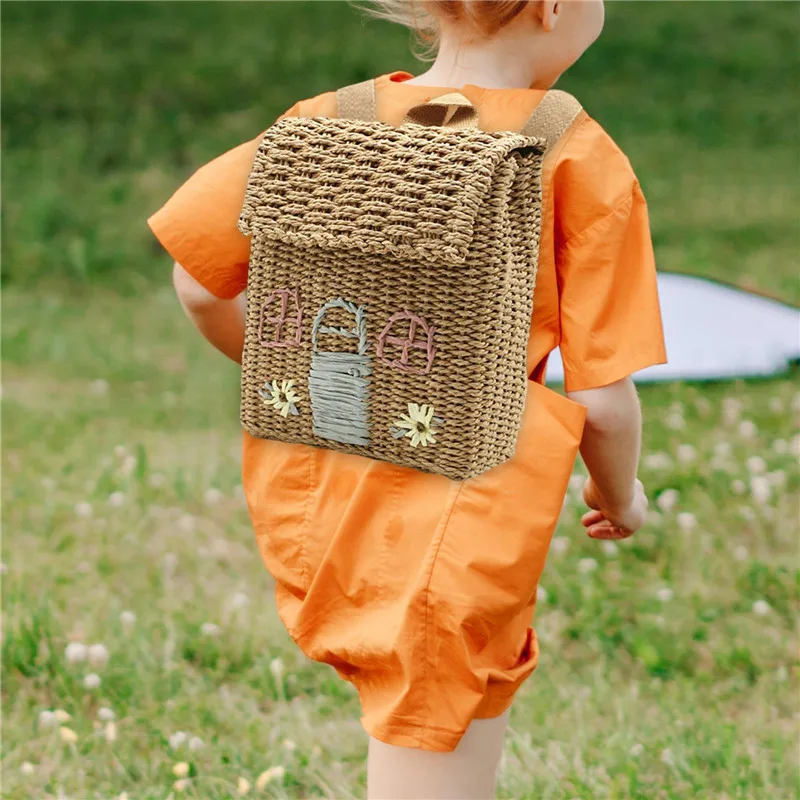 Mochila tejida de paja de doble hombro para niños, bolso escolar para estudiantes, mochila tejida de mano con personalidad