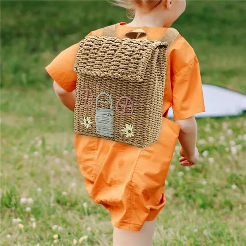 Imagen 2 del producto Mochila tejida de paja de doble hombro para niños, bolso escolar para estudiantes, mochila tejida de mano con personalidad