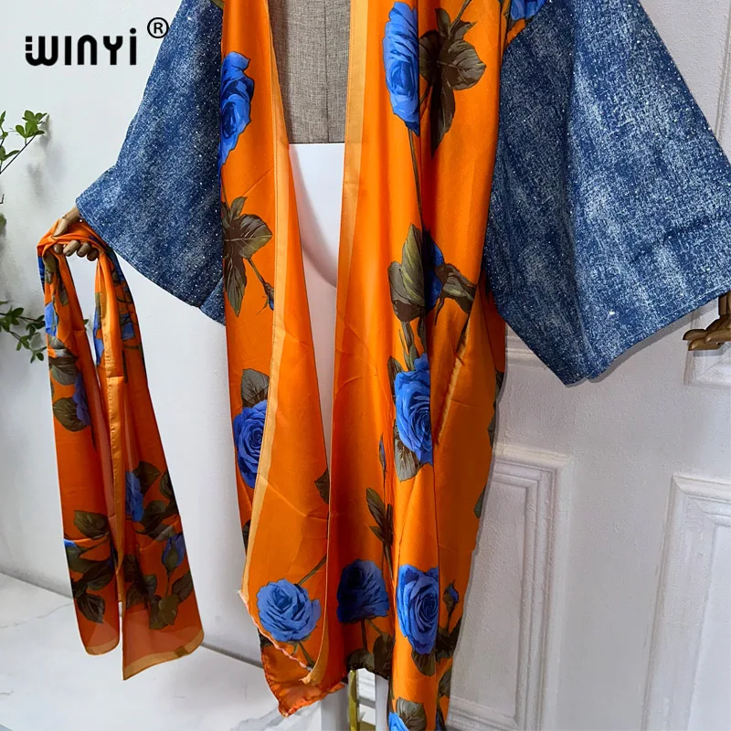 WINYI letnia dżinsowa kardigan kimono z rękawem dla kobiet elegancka sukienka kimono długi płaszcz maxi otwierana abaya