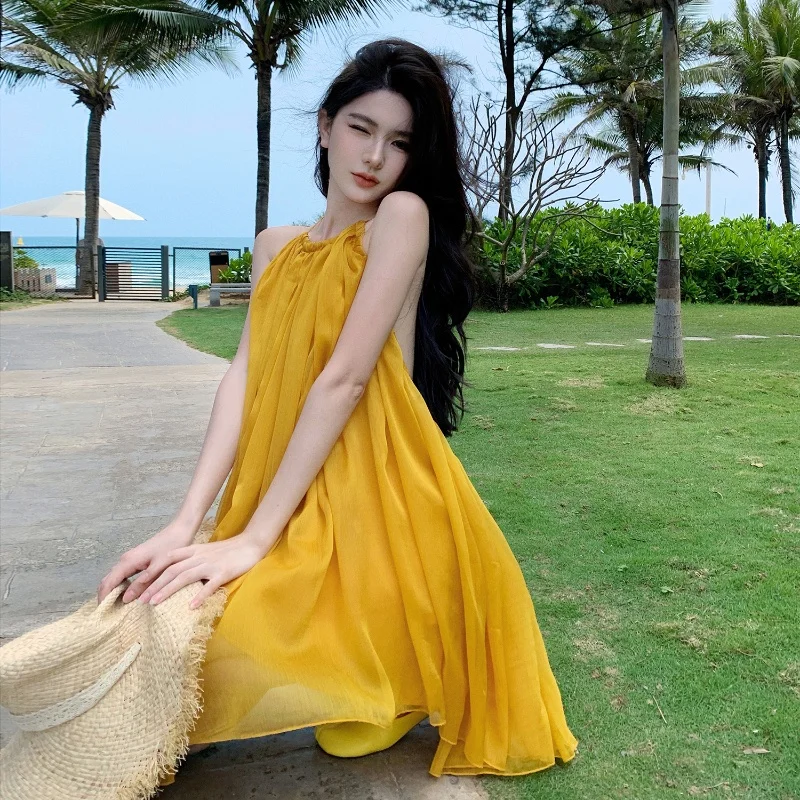 2024 New Fairy Summer Hawaiian Mini Dress Women Yellow One Piece Chic Dresses Elegant Luxury Evening Grunge Gentle Y2K Dress