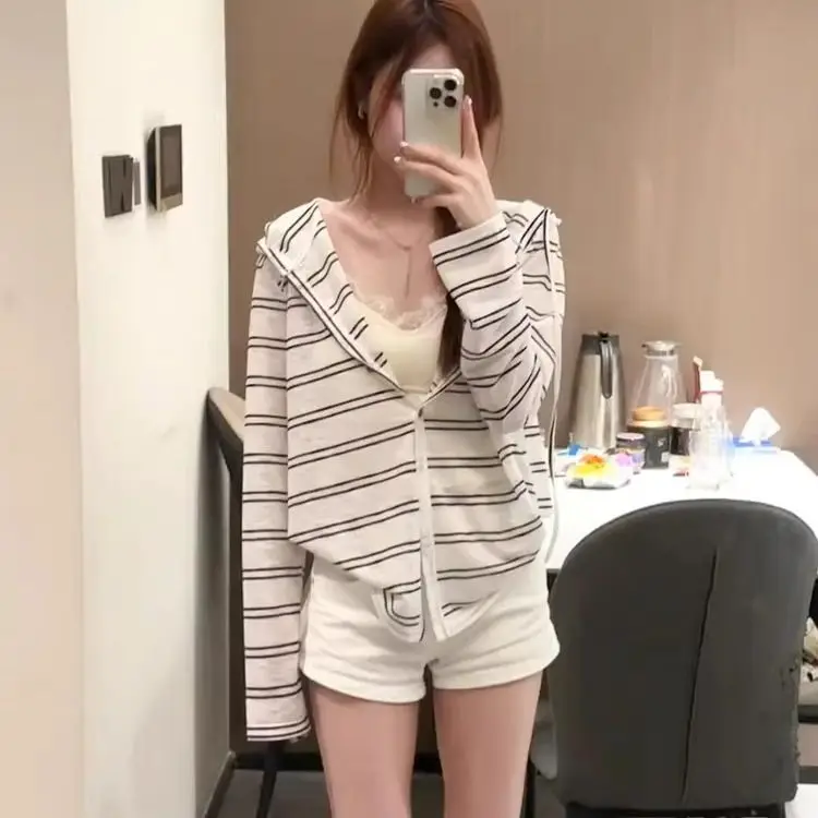 

2025 Year's Women's Loose Long Sleeve Hooded Open Cardigan Thin Fashion Trend Versatile Lazy Style Top Casual Style Striped P...