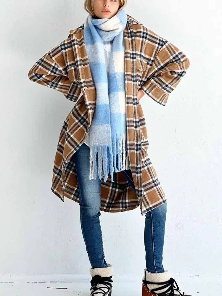 

European and American style women's winter new fashionable trendy versatile lapel long-sleeved loose plaid coat